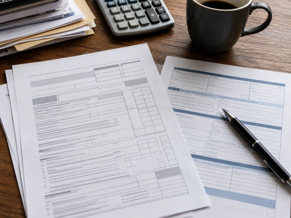 Close-up of IRS offer in compromise forms with a pen and calculator on a desk