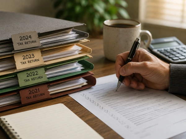 Organized tax returns and a checklist representing staying in tax compliance