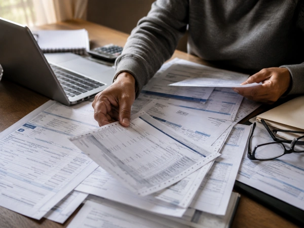 Hands sorting bank statements and pay stubs for an offer in compromise application