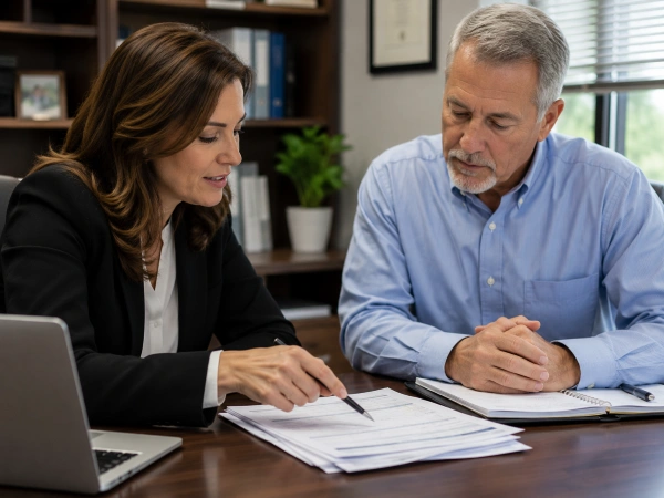 Tax professional reviewing an offer in compromise file with a client across a desk