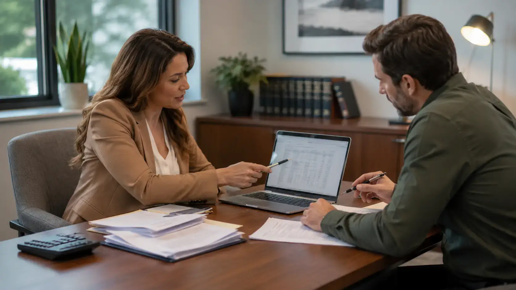 Tax lawyer explaining tax documents to client