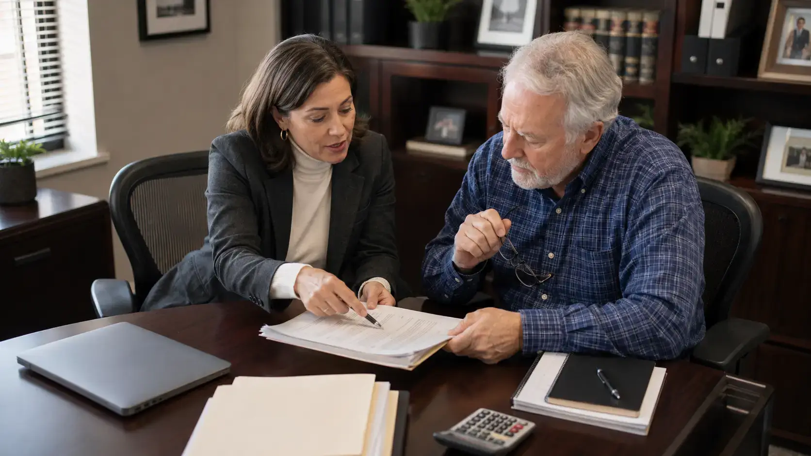 Tax lawyer reviewing paperwork with client