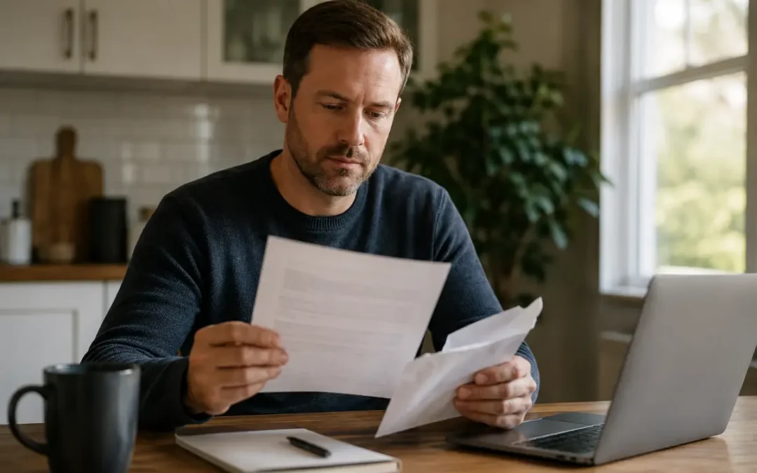 Man at a kitchen table reading an opened tax notice next to a laptop