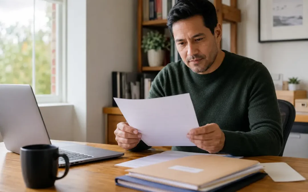 Taxpayer reviewing an IRS notice at a home-office desk before requesting audit reconsideration