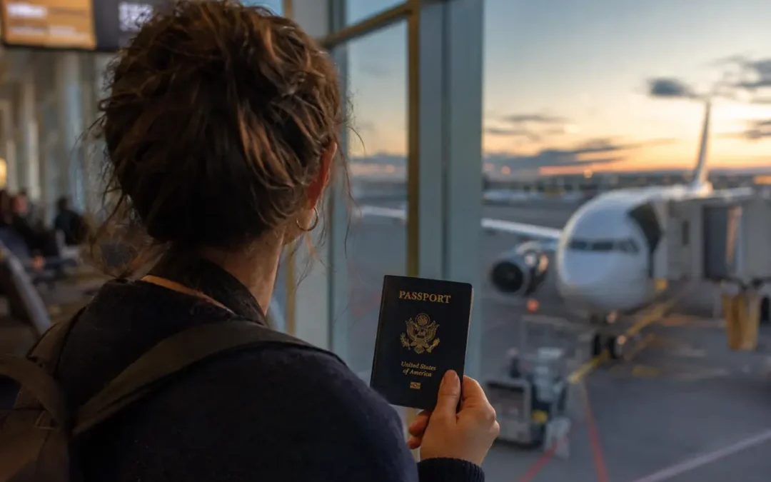 Traveler holding a passport at an airport gate facing IRS passport revocation