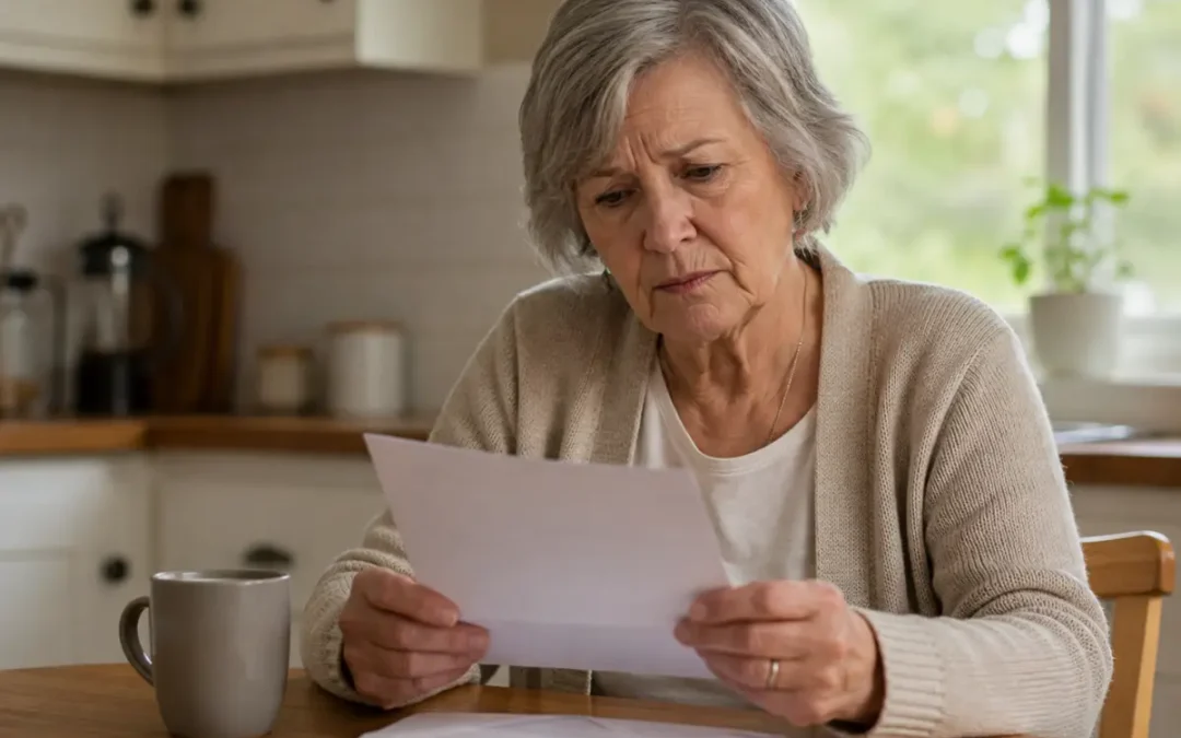 Worried older woman at home reading an official IRS letter about her Social Security
