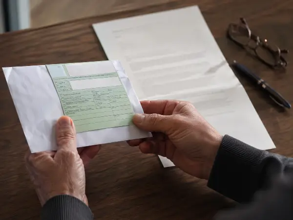 Certified mail IRS notice and return card on a desk
