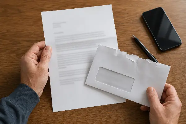 Close-up of hands holding an official balance-due letter and its envelope on a desk