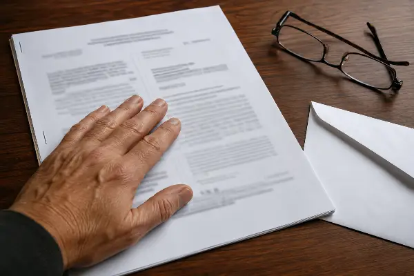 A divorce judgment and a plain tax agency envelope on a desk