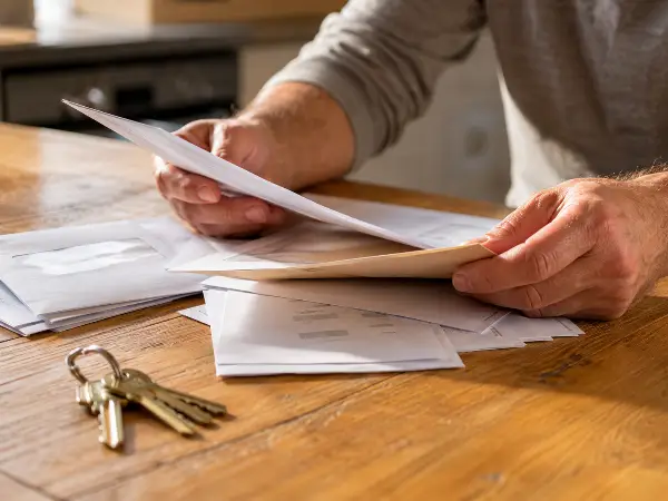 Homeowner reviewing an IRS tax lien notice and property paperwork