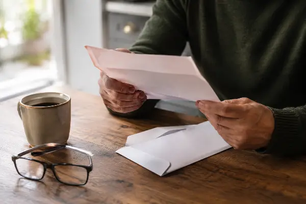 Close-up of a person opening an IRS audit letter at a kitchen table