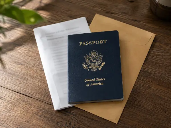 U.S. passport on an IRS notice envelope explaining passport revocation