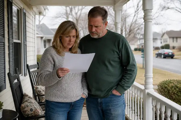 Homeowners on their porch reviewing mortgage forgiveness paperwork