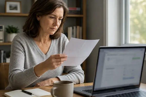 Woman comparing a tax letter against her online account on a laptop