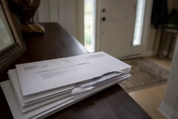 Unopened IRS certification notice like CP508C on a hallway table
