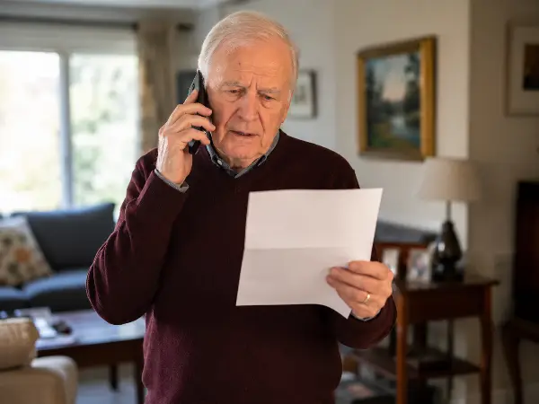 Older man on the phone looking concerned while holding an IRS notice