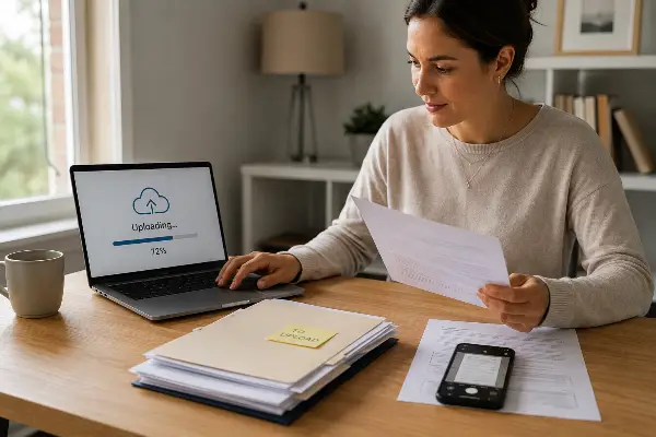 Person uploading tax documents from a laptop to submit an audit reconsideration request online