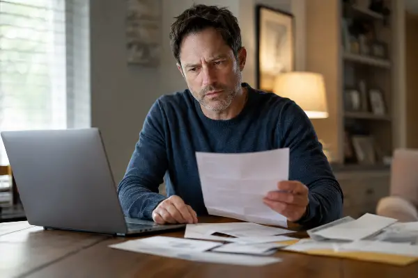 Person reviewing tax notices alone after a separation