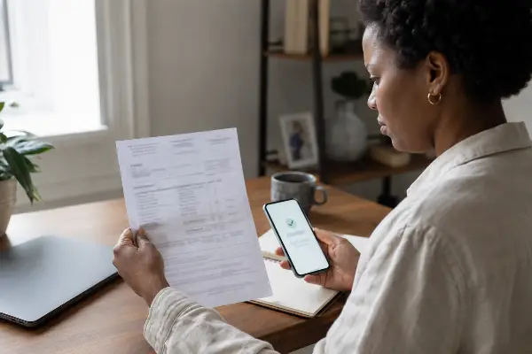 Person holding a bank statement and phone while reviewing a payment confirmation