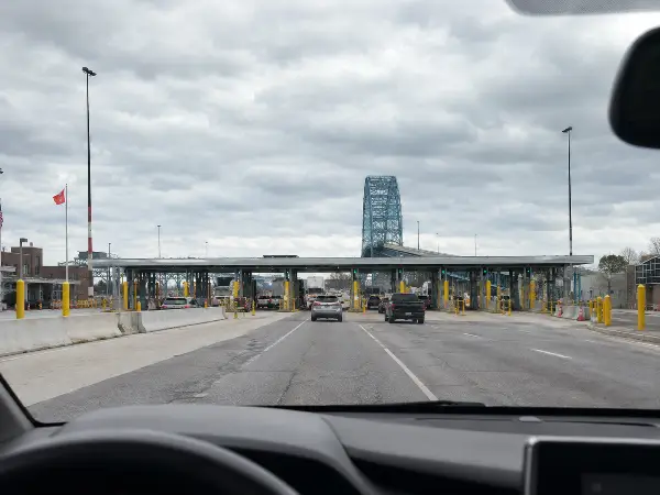 Car approaching a Michigan to Canada land border crossing on an enhanced license