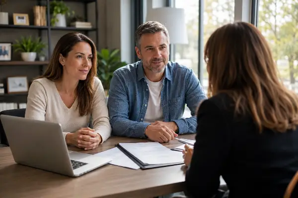 Homeowners discussing a mortgage refinance and IRS lien subordination
