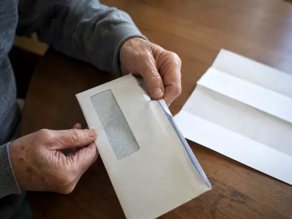 Older adult opening a certified IRS levy notice