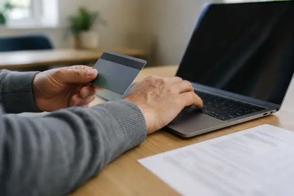 Hands at a laptop with a plain payment card and a tax notice on the desk