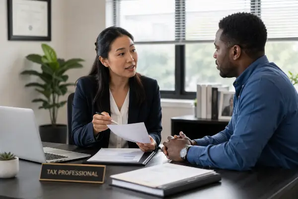 Tax professional reviewing audit documents with a client in an office