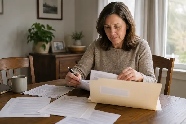 Person organizing supporting tax documents into a folder to respond to a notice