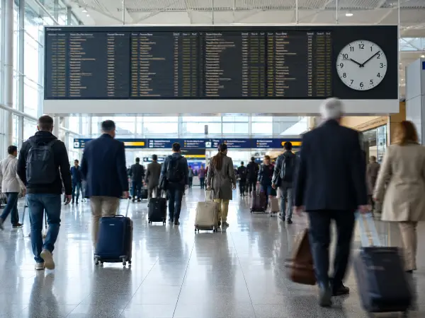 Airport departures board and clock during expedited passport decertification