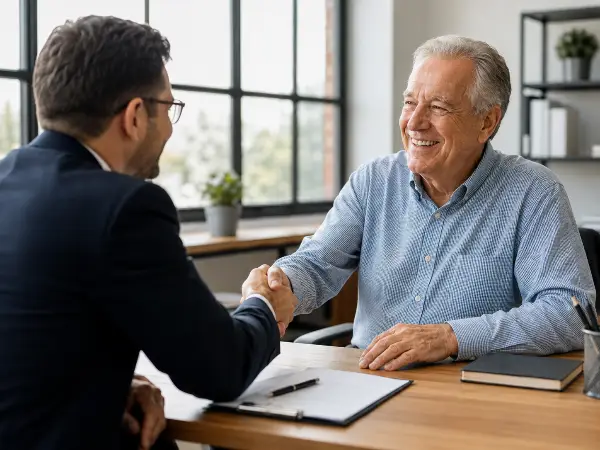 Tax professional and older client shaking hands after resolving an IRS case
