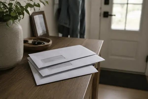 A stack of unopened mail on an entry table, suggesting ignored notices