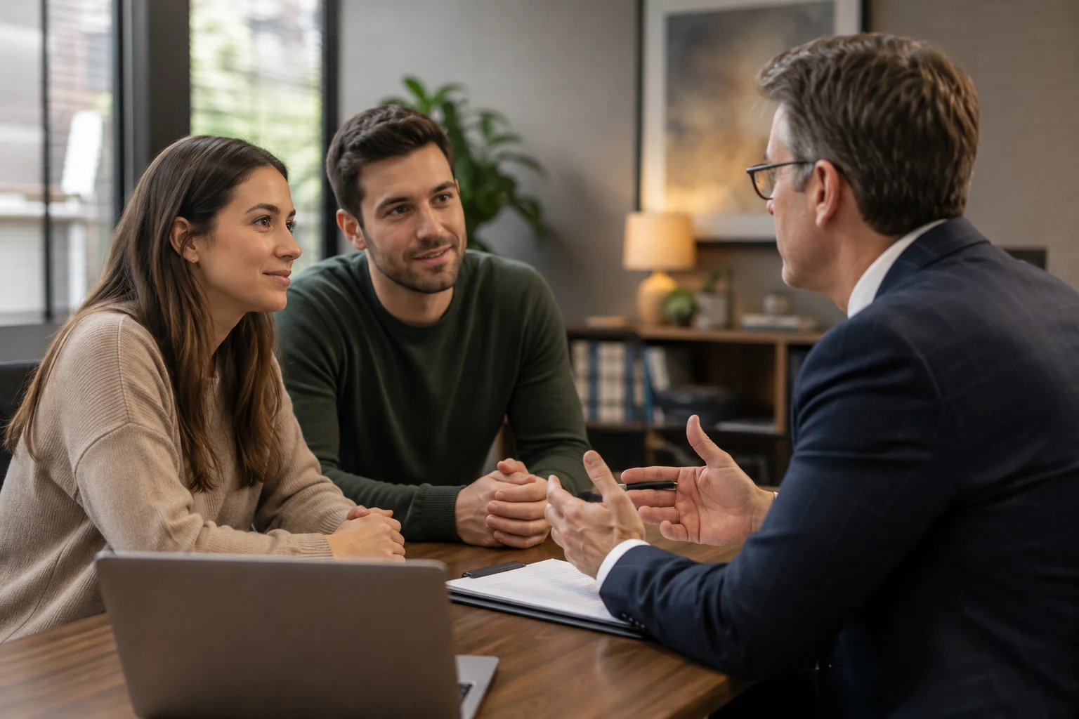 Tax lawyer in Iosco Township, MI consulting with a young couple in a welcoming office