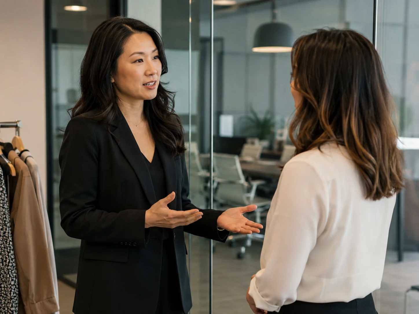 Asian tax lawyer advising a boutique owner in a modern office