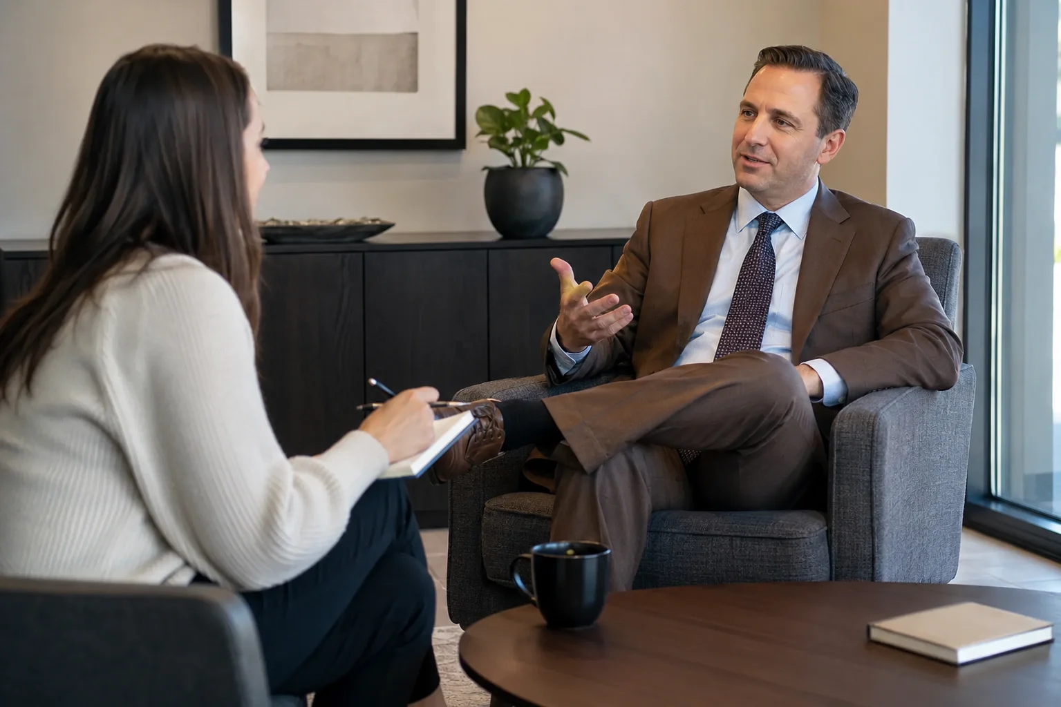 Tax lawyer in Fenton, MI answering questions from a freelance writer in a relaxed office
