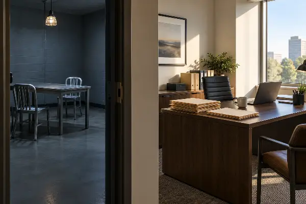 Cold interview room contrasted with a calm tax office where IRS cases are handled