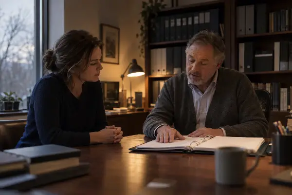 A taxpayer and their accountant talking across a desk about a tax file