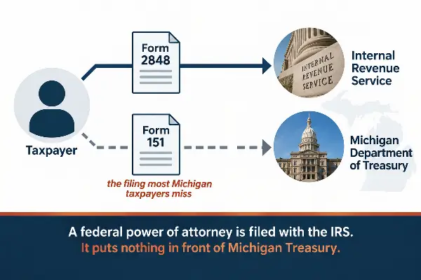 IRS Form 2848 and Michigan Form 151 cover two different tax agencies