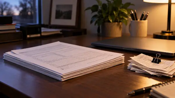 Completed tax return and source documents on a preparer's desk