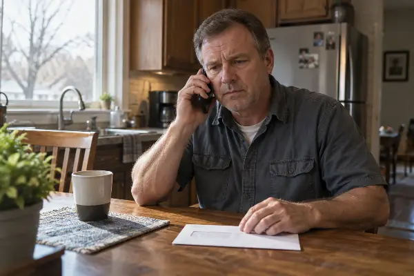 Business owner on the phone at a kitchen table with an unopened tax notice