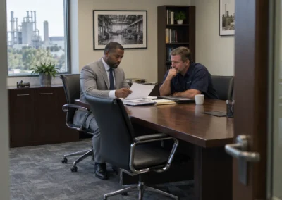 Tax attorney reviewing records for a business tax dispute