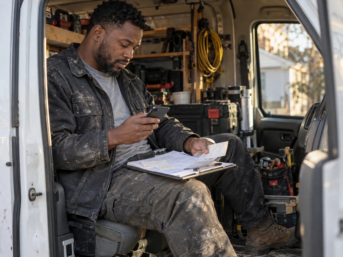 Contractor organizing receipts and invoices inside a work van