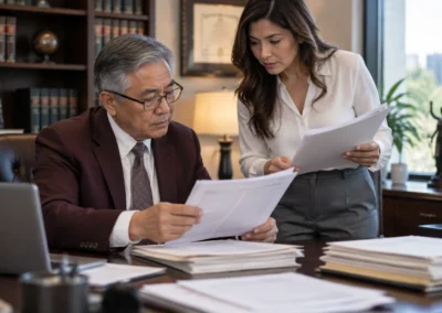 Tax lawyer reviewing audit records with online business owner