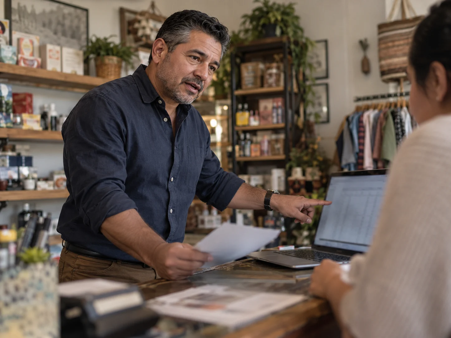 Small business owner reviewing financial records in his store