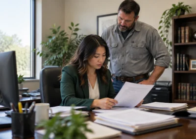 Tax lawyer reviewing audit documents with contractor