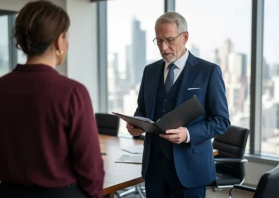 Tax attorney reviewing a folder with a business owner near office windows